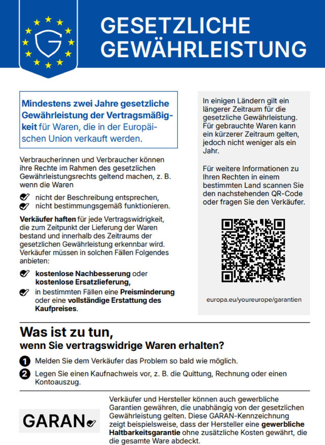 Harmonisierte EU-Mitteilung über das gesetzliche Gewährleistungsrecht in deutscher Fassung, mit QR-Code zum Portal Ihr Europa
