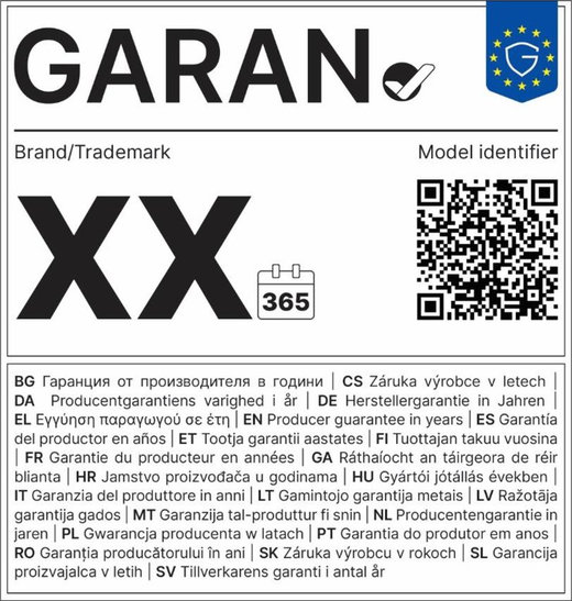 GARAN-Label als unausgefüllte Vorlage mit Platzhaltern für Marke, Modellkennung und Garantiedauer