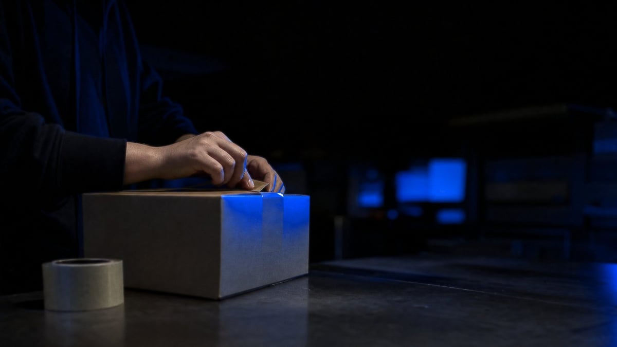 Hände verschließen bei gedämpftem blauem Licht einen neutralen Versandkarton an einem Packtisch