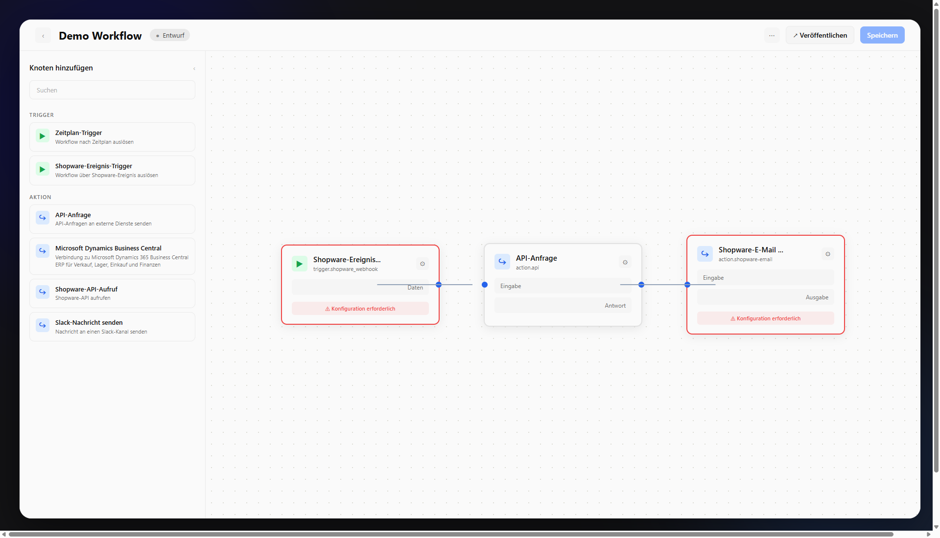 Shopware Nexus Editor: Demo-Workflow mit Trigger, API-Anfrage und E-Mail-Aktion auf der visuellen Canvas. Links die Knoten-Bibliothek mit Triggern und Aktionen, rechts der zusammengeklickte Workflow im Entwurfsstatus.